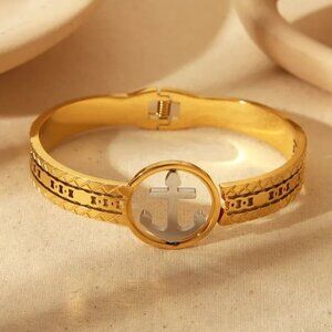 18k Gold Plated Stainless Steel Nautical Anchor Bangle Bracelet Dual Tone